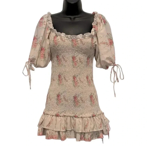 NWT 70/21 Coquette Smocked Puff Sleeve Ruffle Mini Floral Dress Womens Small - Picture 11 of 11